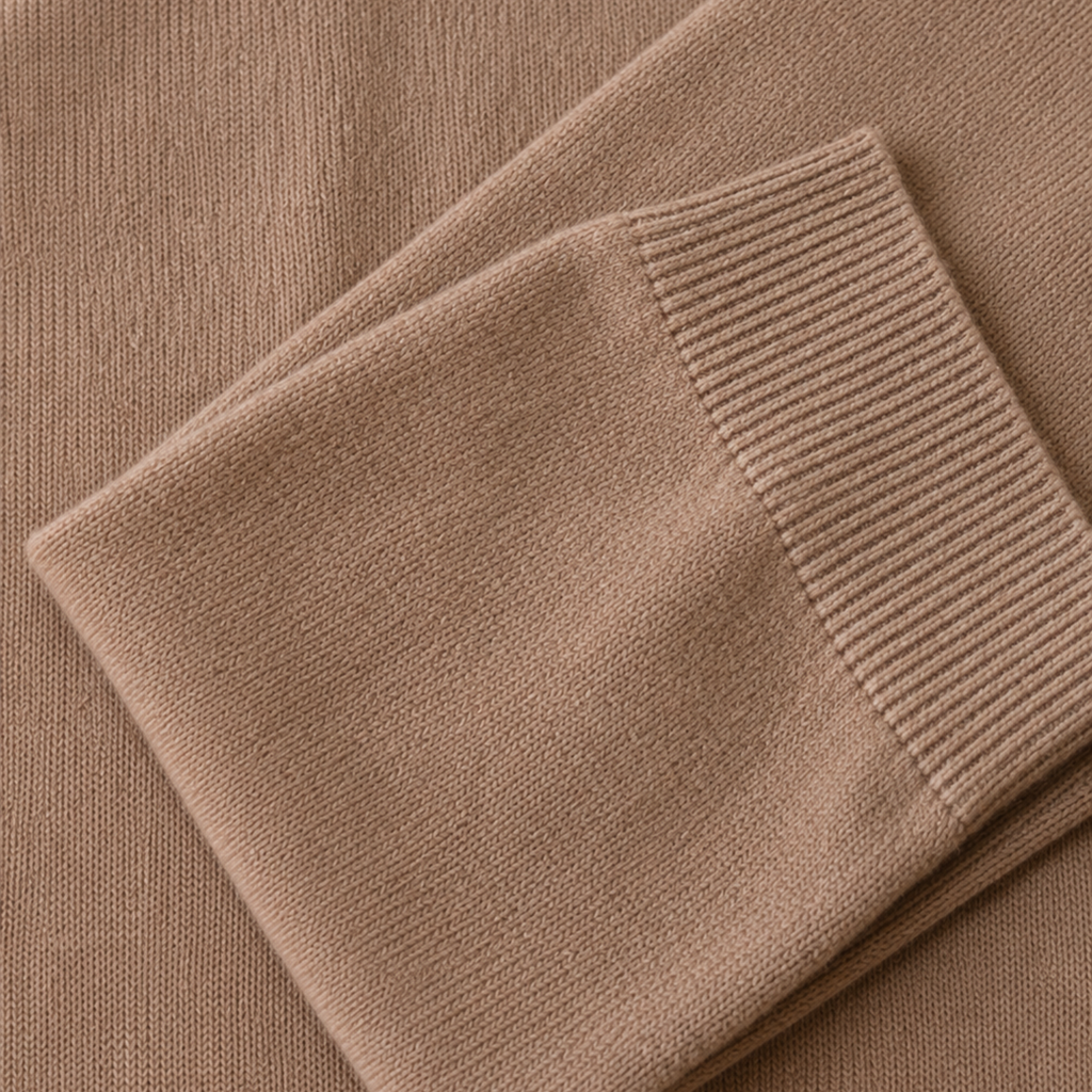 Close-up of a folded knit garment in a warm taupe-brown color, showing the ribbed cuff and fine knit texture.