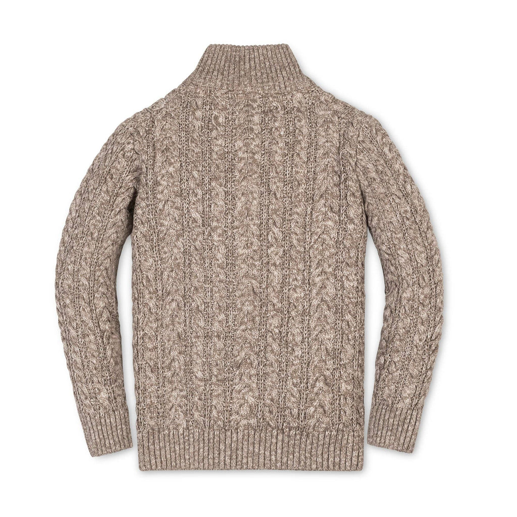 beige and taupe textured knit quarter-zip sweater with a ribbed mock neck collar back view on a white background.