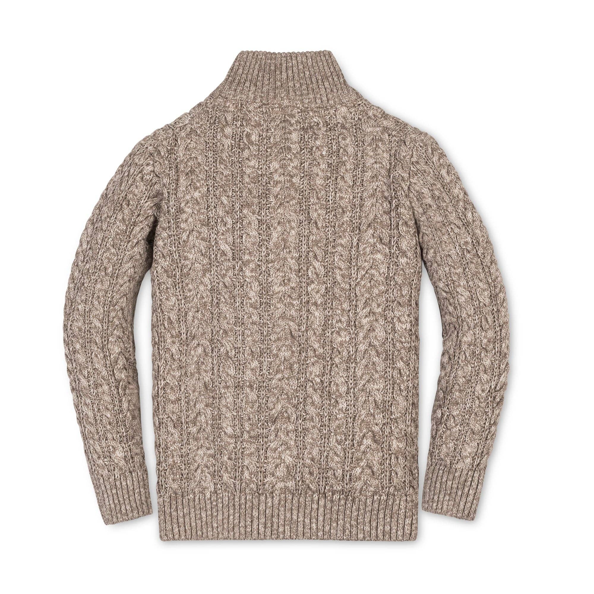 beige and taupe textured knit quarter-zip sweater with a ribbed mock neck collar back view on a white background.