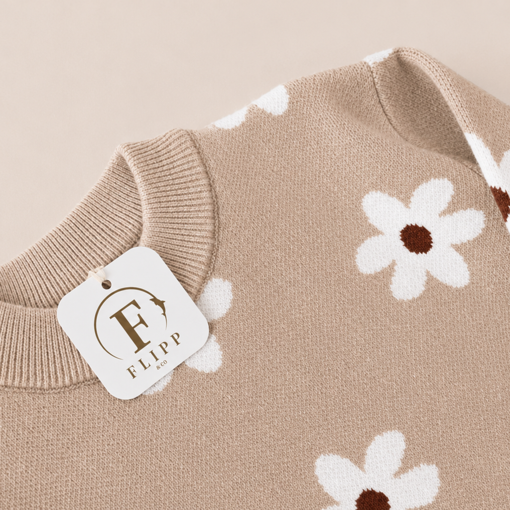 Close-up of a beige knit sweater with a white daisy pattern and a white hanging tag reading FLIPP.