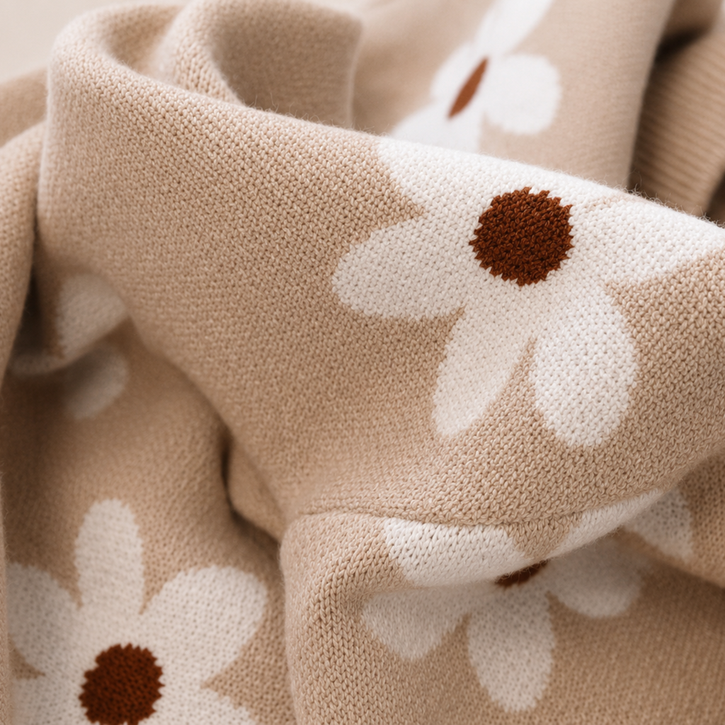 Close-up of a soft knit fabric in warm beige with large white flower motifs and dark brown flower centers.