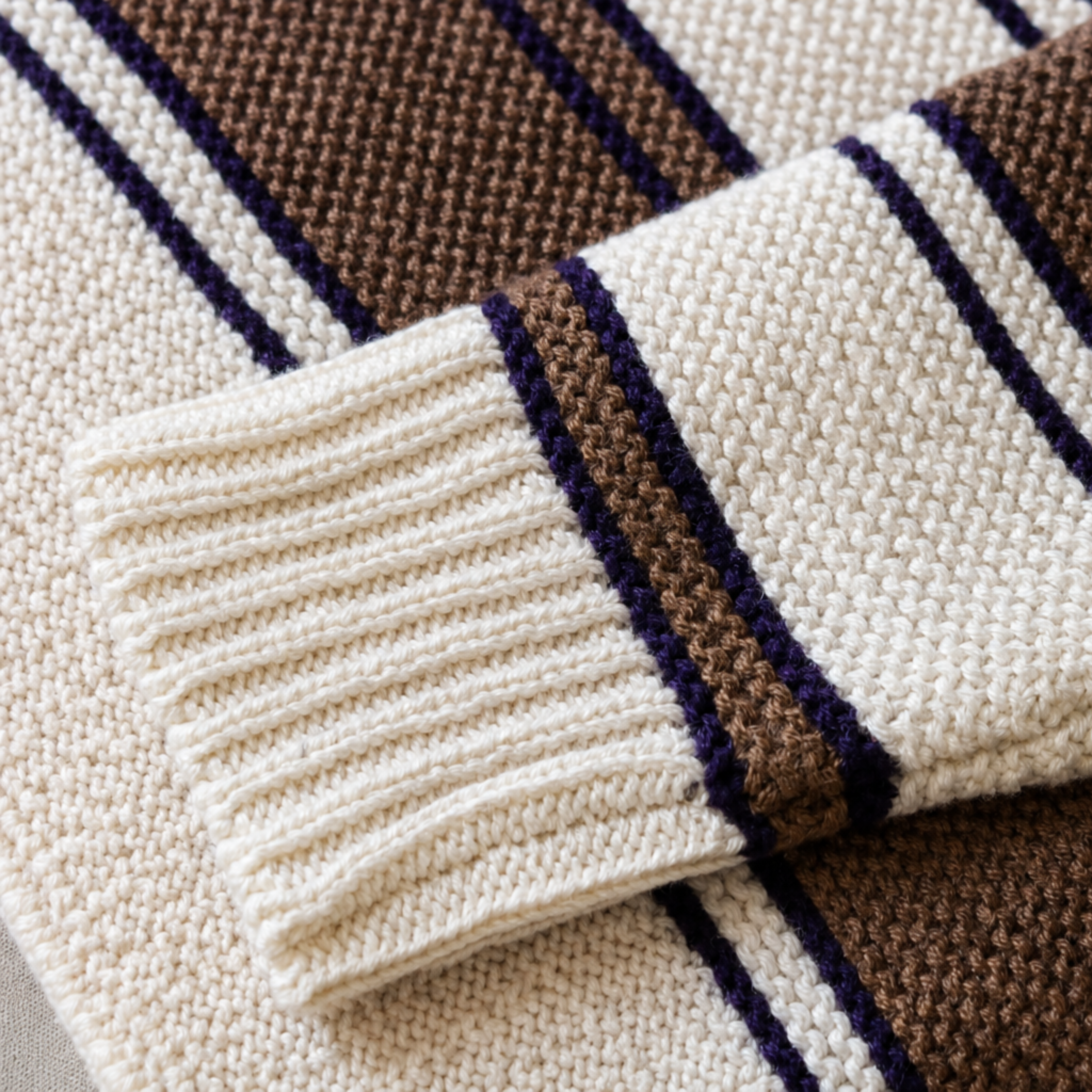 Close-up of a knitted sweater showing a cream ribbed cuff and striped pattern in cream, brown, and dark navy.