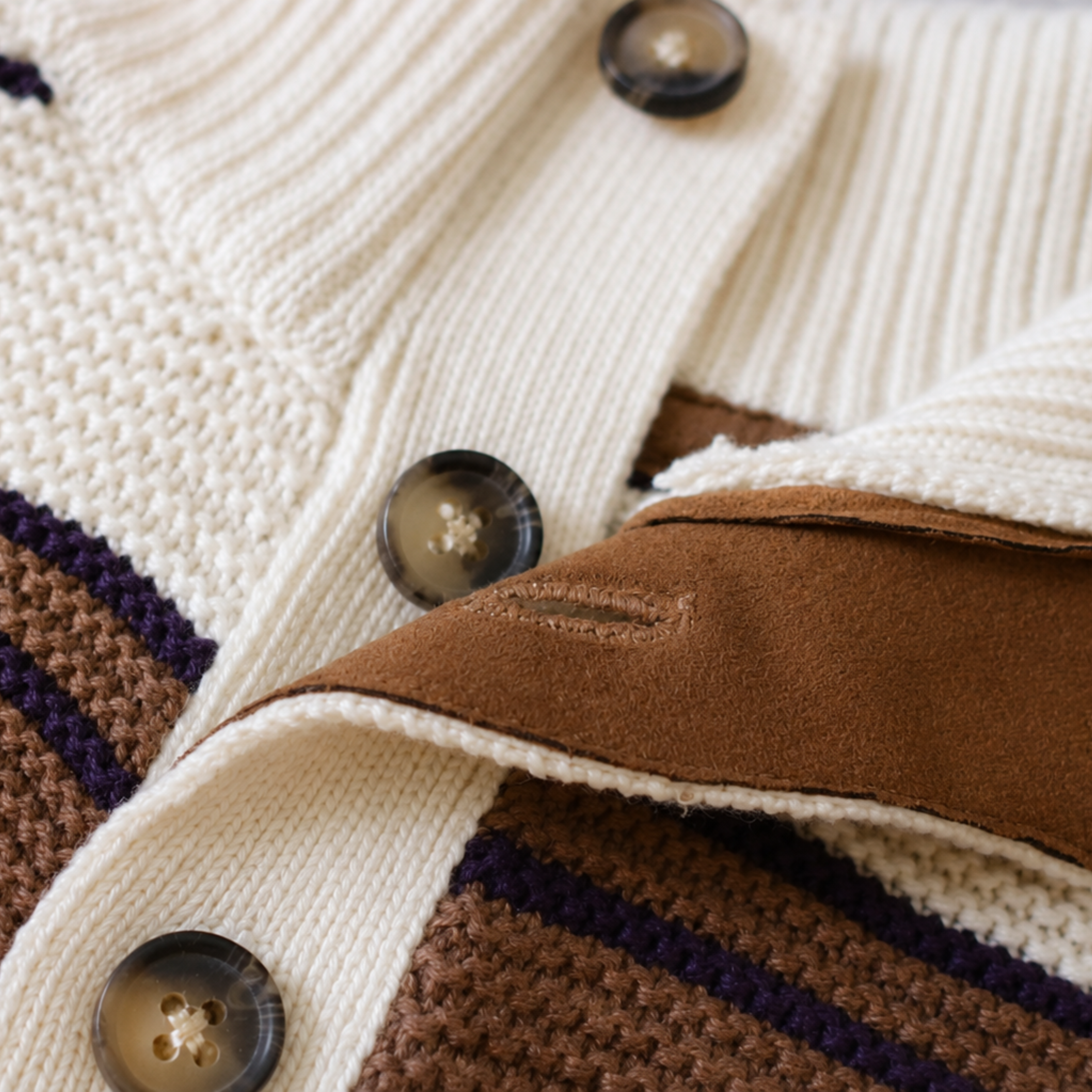 Close-up of a knit cardigan with cream ribbed trim, brown and purple striped knit body, and a brown suede-like panel, shown with dark brown buttons.
