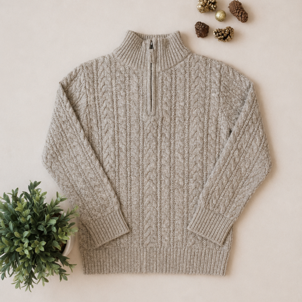 A beige cable-knit quarter-zip sweater with a mock neck, laid flat on a light beige background with decorative pinecones and a small green plant.
