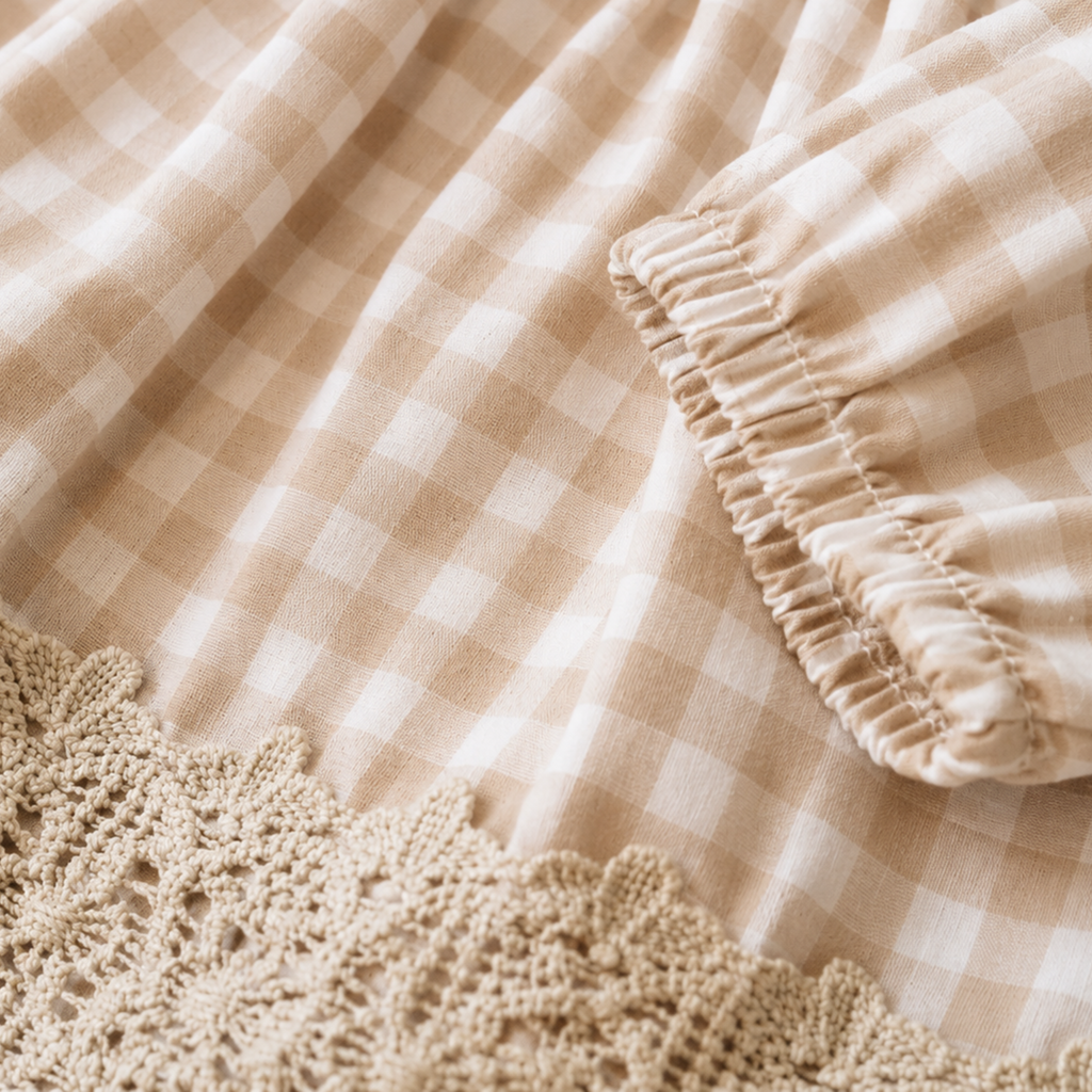 Close-up of a beige and off-white gingham fabric with a scalloped crochet lace trim and a gathered elastic cuff.