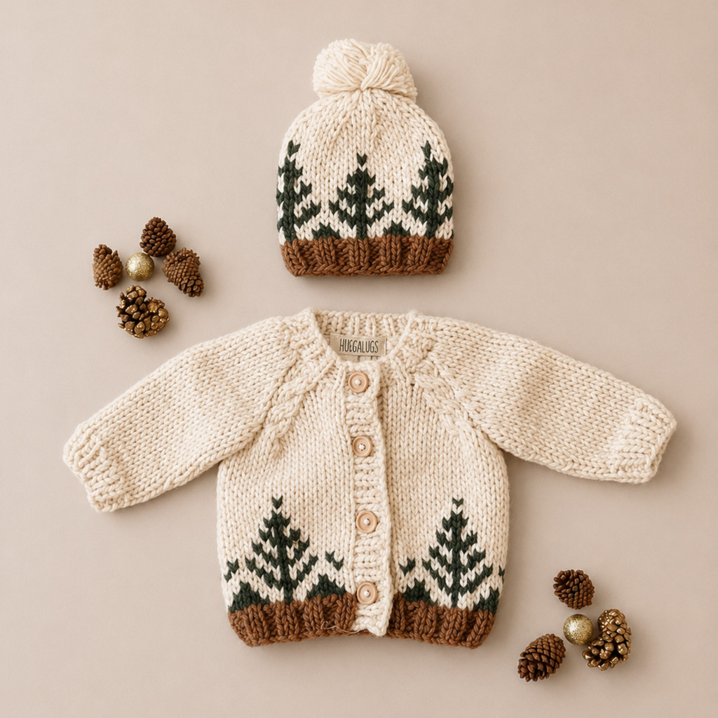 Hand-knit baby outfit set featuring a cream cardigan with green pine tree patterns and brown trim, paired with a matching knit beanie and pom-pom, styled with pinecones on a beige background.