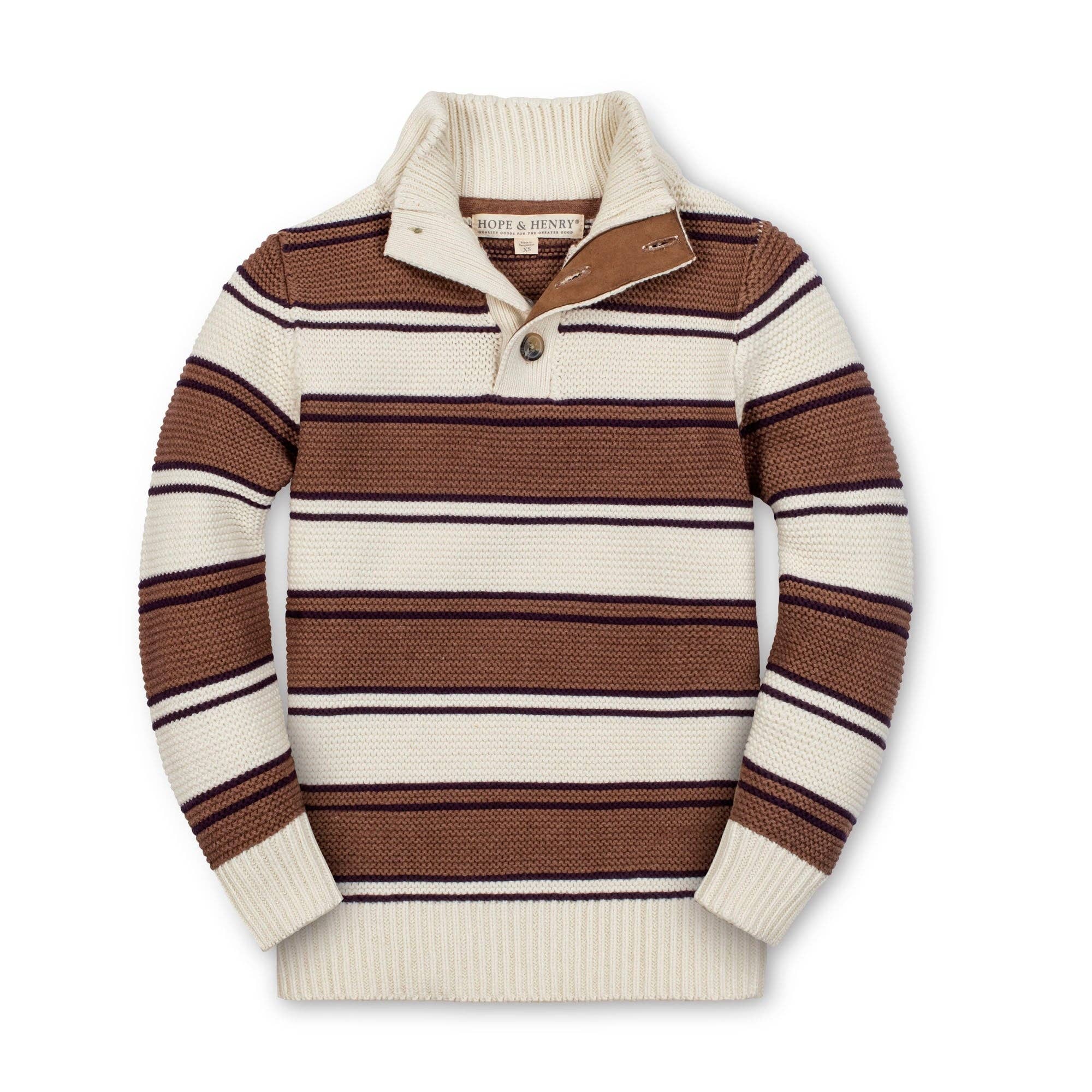 A long-sleeve knit polo-style sweater with horizontal brown, cream, and thin black stripes, featuring a ribbed mock neck, button placket, and ribbed cuffs and hem. The brand name 'HOPE & HENRY' is visible on the inner neck label.