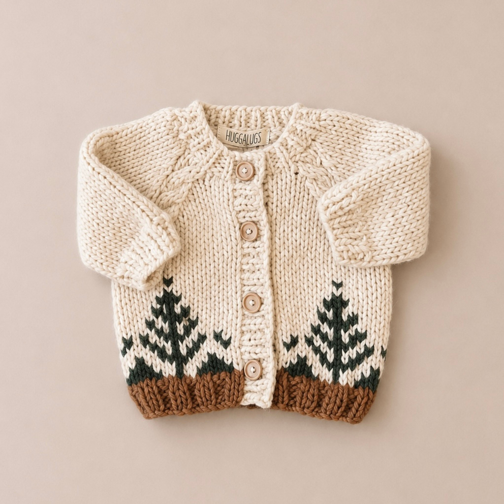 A cream-colored hand-knit baby cardigan with three-quarter sleeves, wooden buttons, and a Fair Isle pattern of green pine trees and a brown base, laid flat on a beige background.