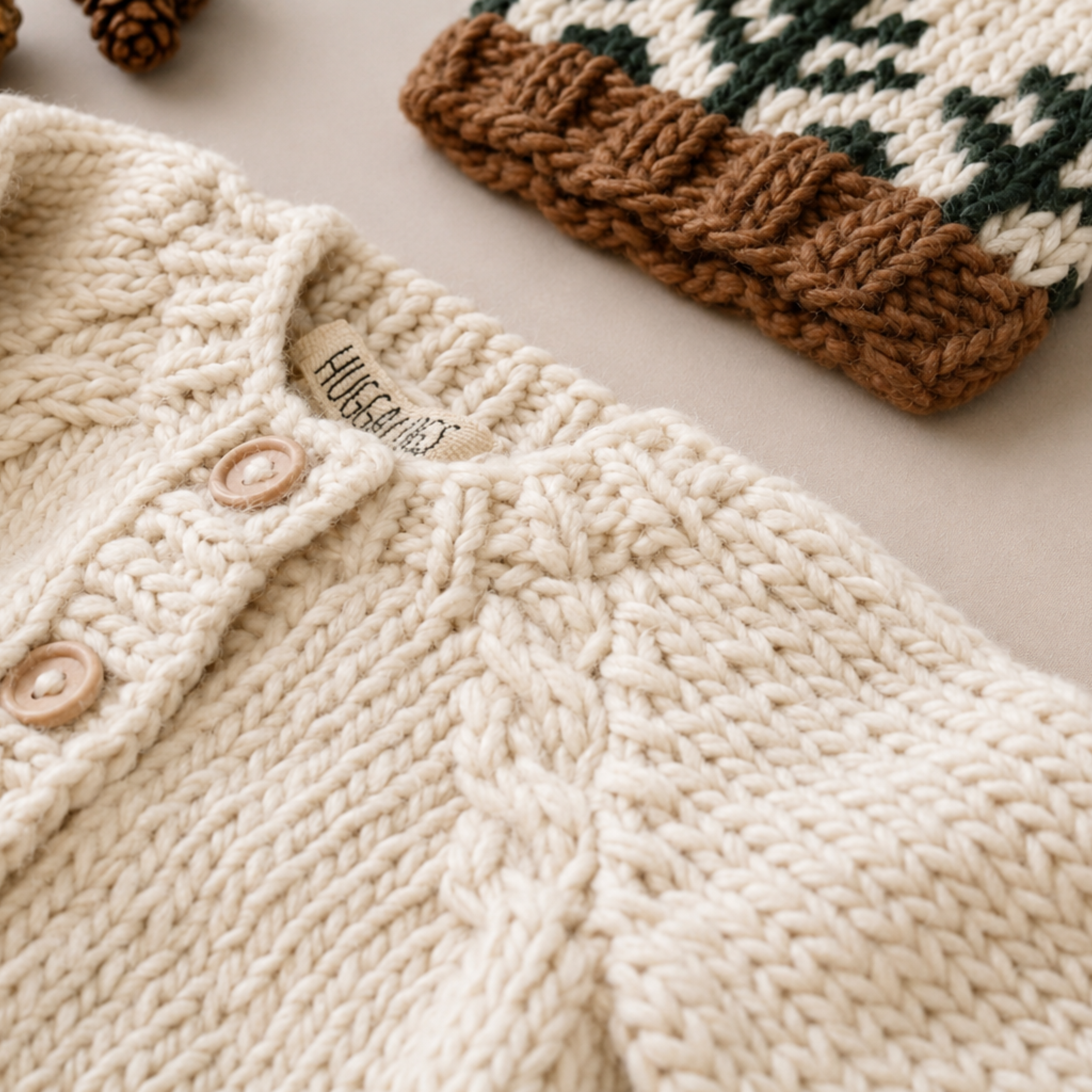 Close-up of a cream-colored chunky knit cardigan with wooden buttons and a visible HUGGALUGS  label, styled on a neutral beige surface with another knitted item partially visible in the background.