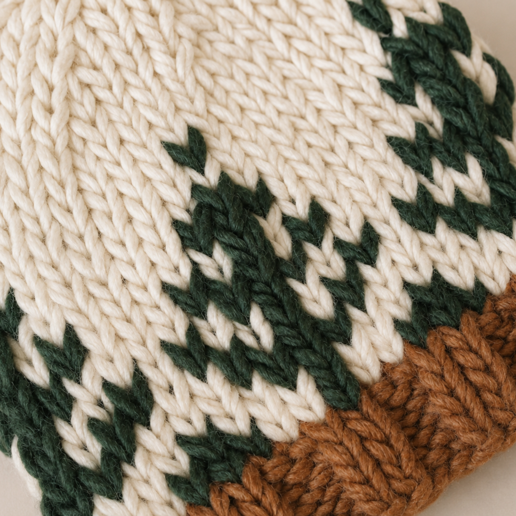 Close-up of a knitted textile with a cream base, dark green chevron pattern, and a brown ribbed section at the bottom.