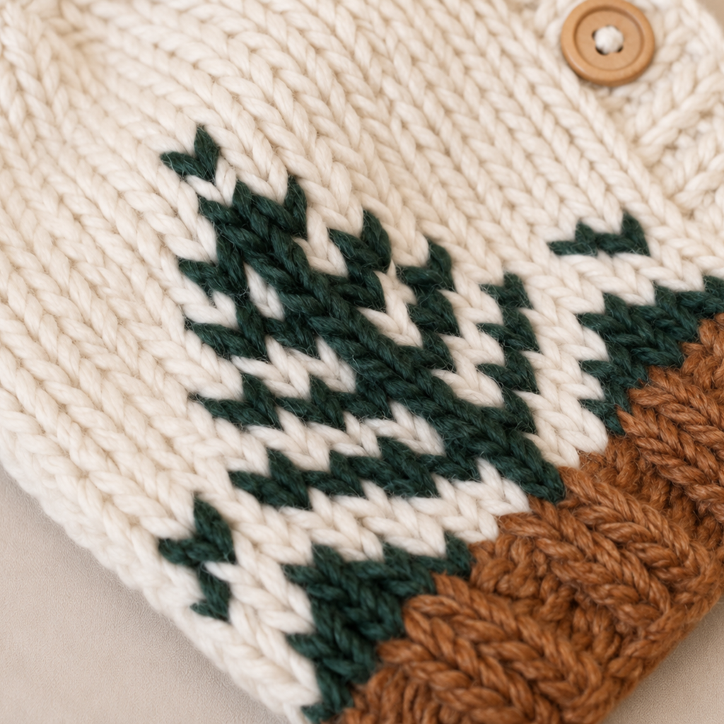 Close-up of a chunky knit textile with a cream base, dark green geometric pattern, and a brown lower section, featuring a small wooden button.