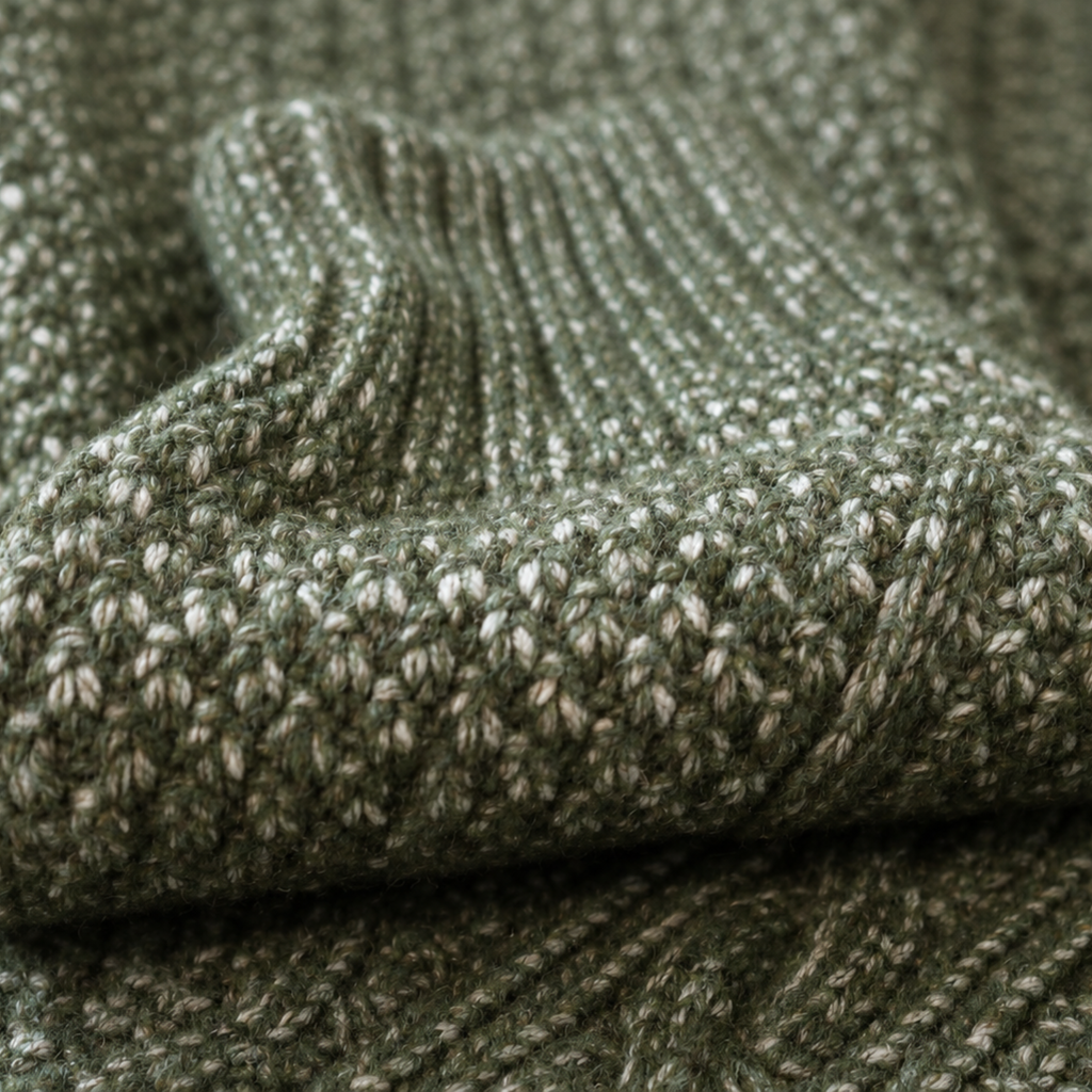 Close-up of a textured knit fabric in a heathered olive green and cream colorway, showing the detailed ribbed and cable knit patterns.