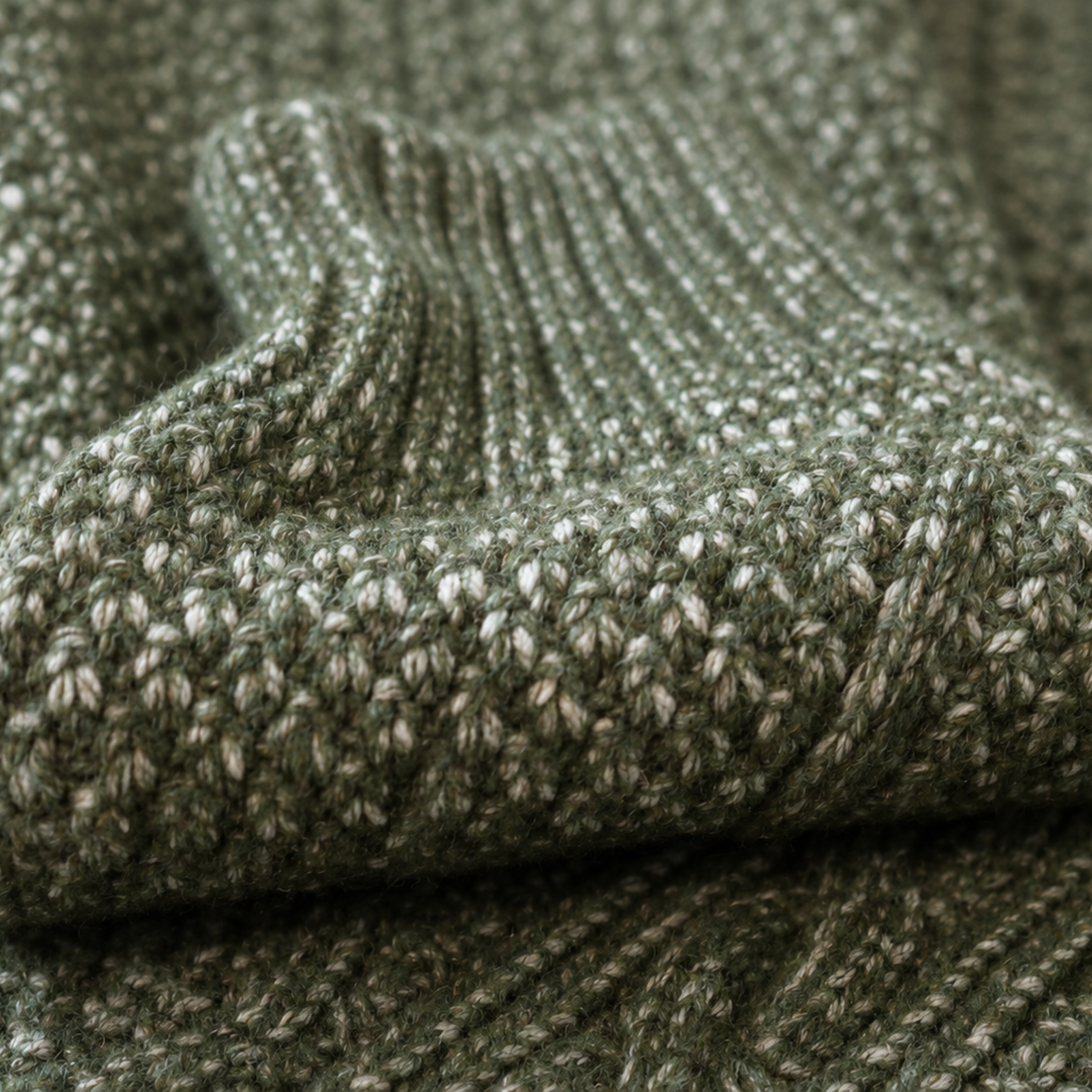 Close-up of a textured knit fabric in a heathered olive green and cream colorway, showing the detailed ribbed and cable knit patterns.