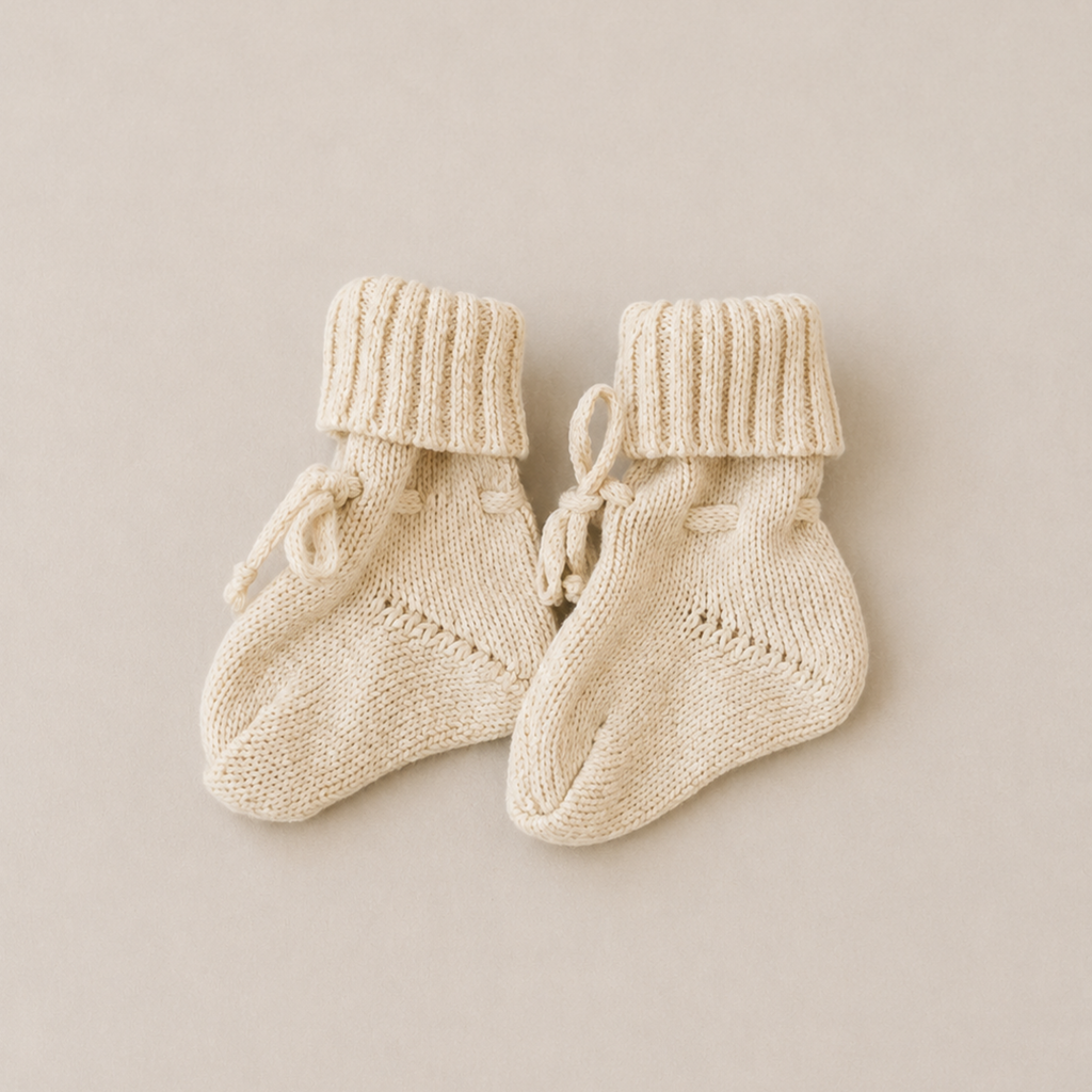 A pair of cream-colored hand-knit baby booties with ribbed cuffs and small tie details, displayed on a neutral beige background.