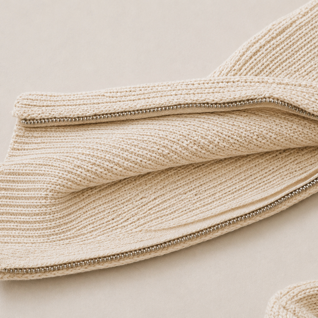A close-up of a cream-colored ribbed knit fabric with a metallic silver zipper, shown folded on a neutral beige background.