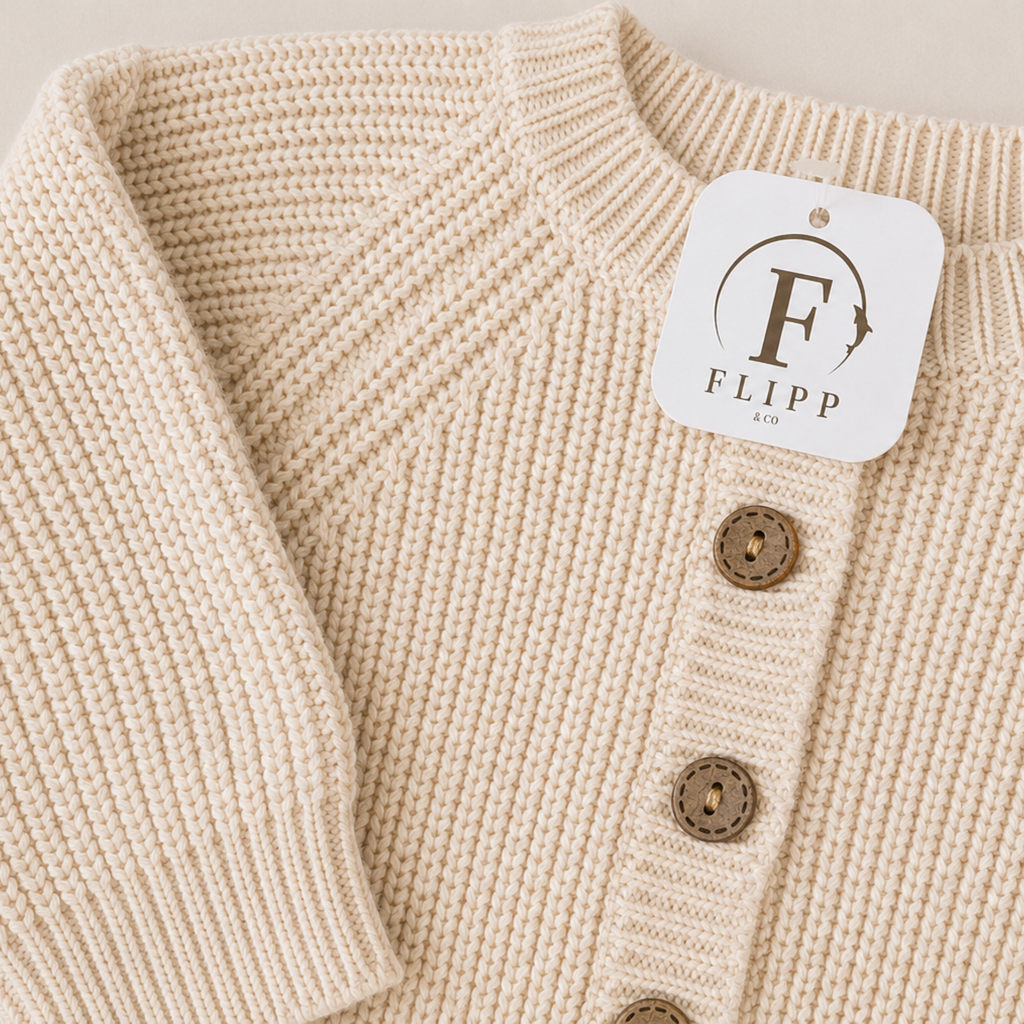 Close-up of a cream-colored ribbed knit cardigan sweater with brown buttons, featuring a white brand tag that reads 'FLIPP & CO'.