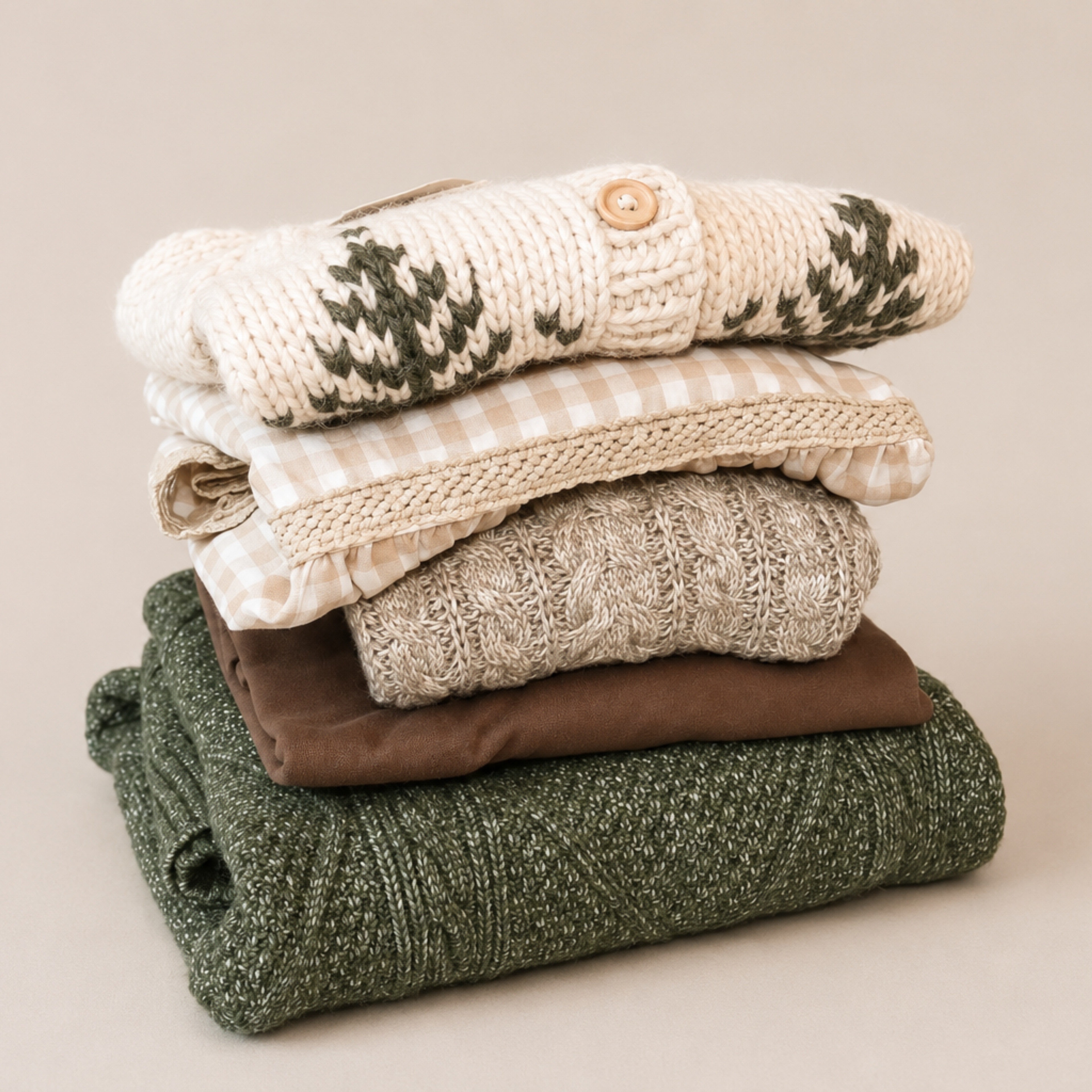 A stack of four folded knit sweaters in neutral and earthy tones, including a cream cardigan with green leaf pattern, a beige-and-white gingham, a cream cable-knit sweater, and a dark olive green sweater on top, set against a solid beige background.