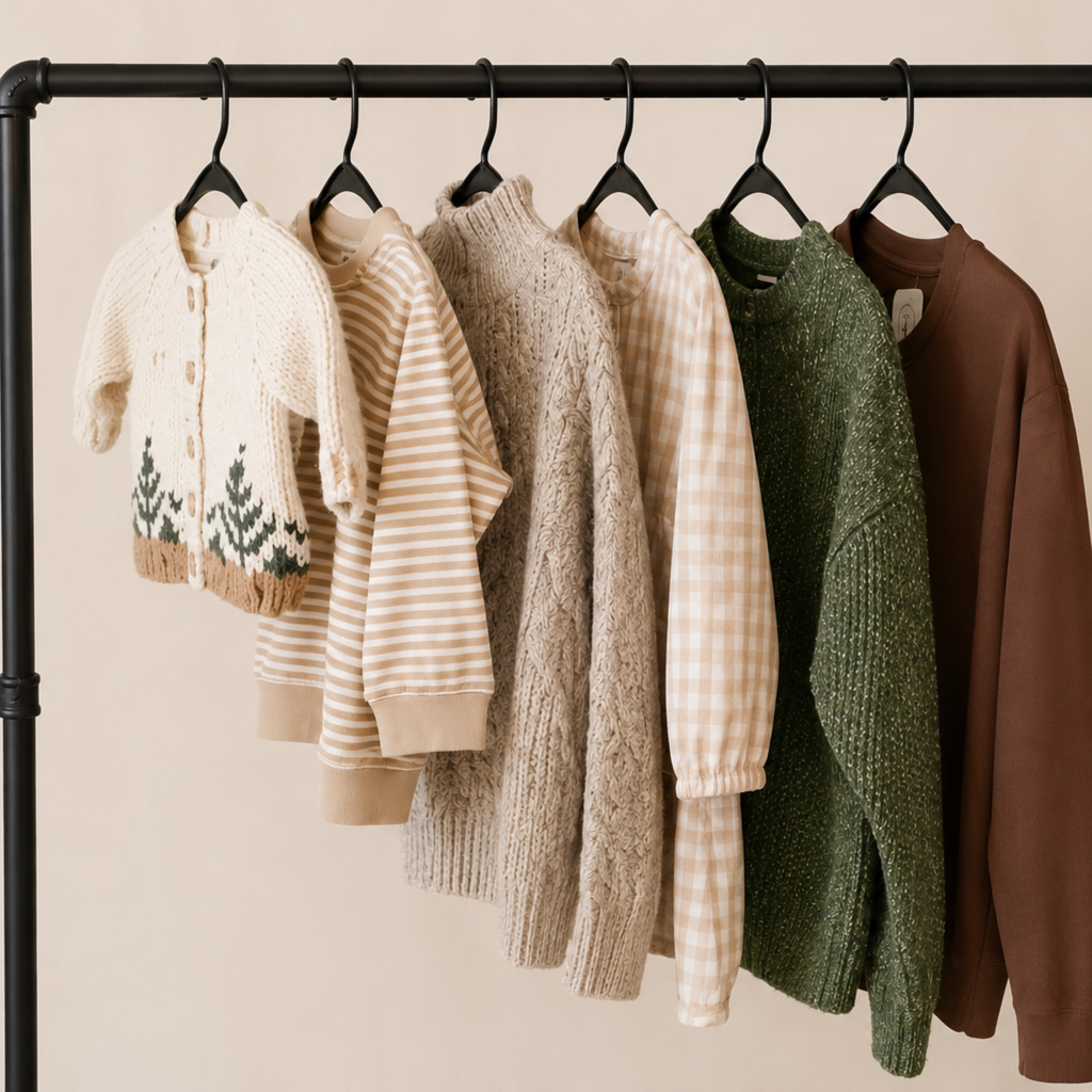 Knit sweaters, tops and dresses in neutral and earthy tones hang on black hangers from a black clothing rack against a warm beige wall. The garments include cream, beige, brown, and olive green options with patterns like stripes, cable knit, gingham, and a tree design.