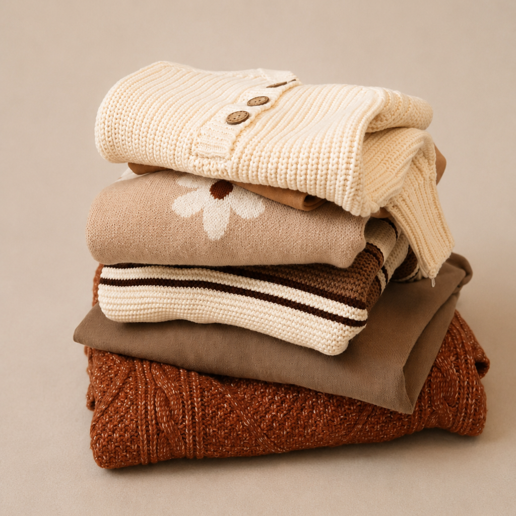 A stack of four folded knit sweaters in warm neutral and earthy tones, including cream, beige with a white flower motif, cream with dark stripes, and rust brown, set against a solid beige background.