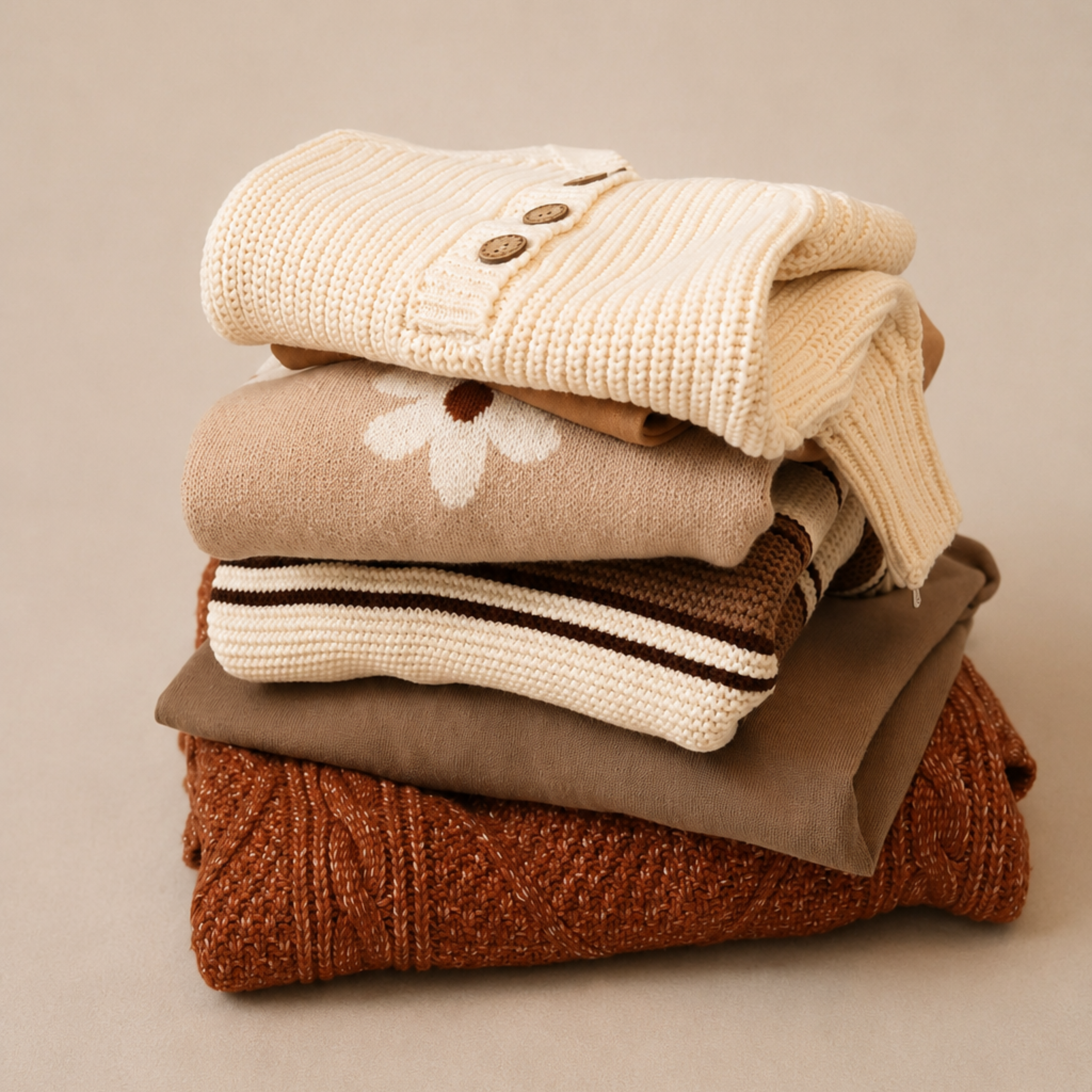 A stack of four folded knit sweaters in warm neutral and earthy tones, including cream, beige with a white flower motif, cream with dark stripes, and rust brown, set against a solid beige background.