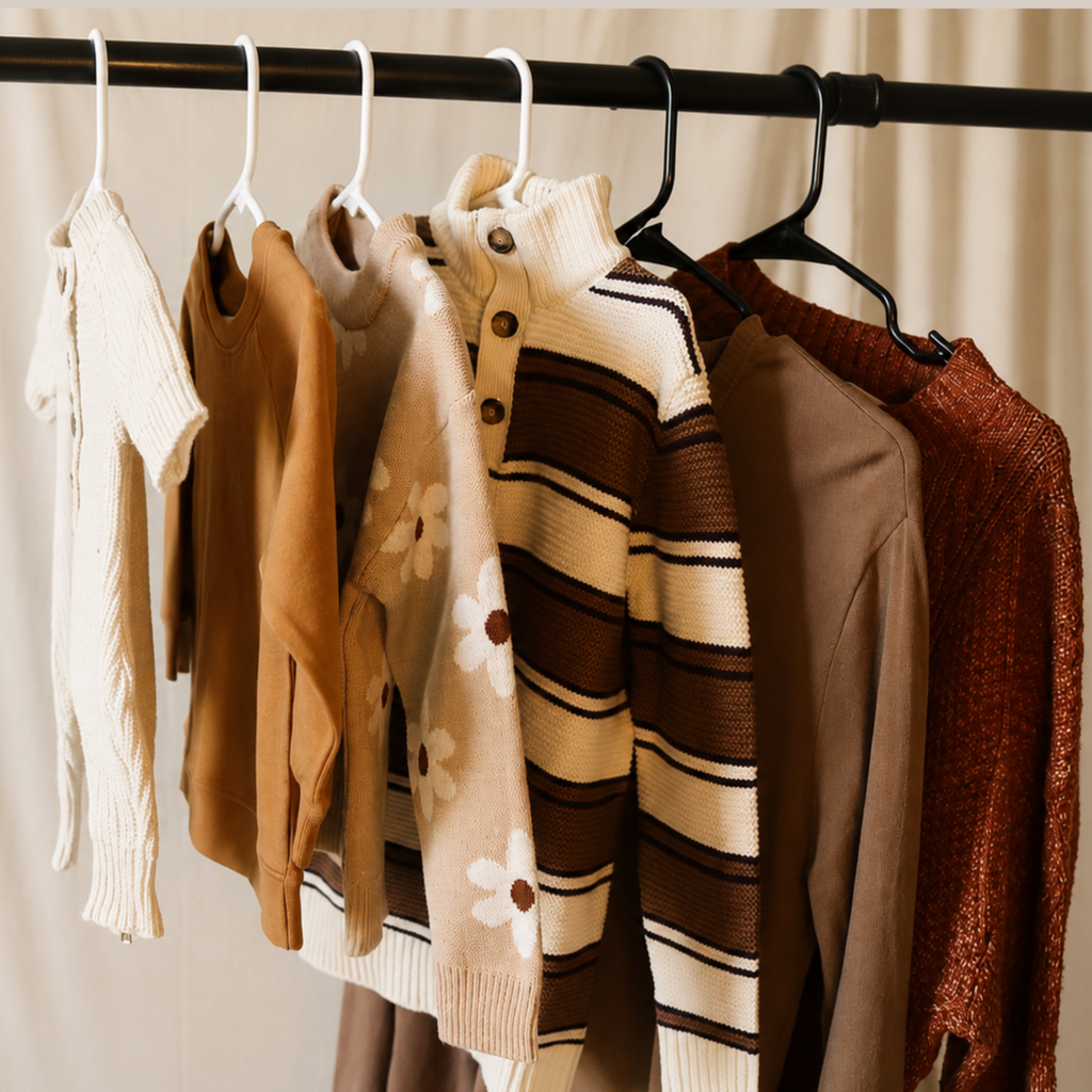 A group of knit sweaters and cardigans hanging on white and black hangers from a black clothing rack, set against a soft beige curtain background.