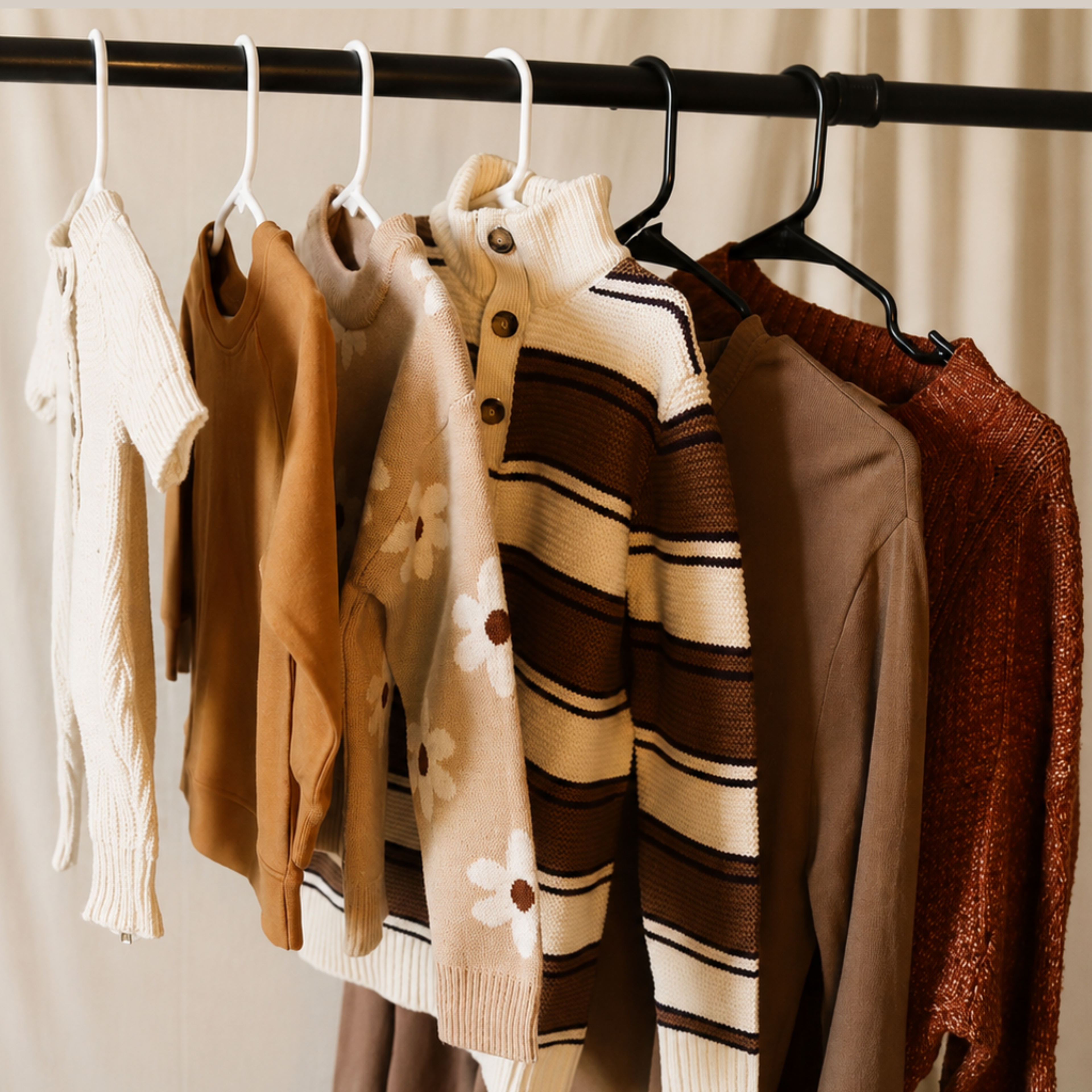 A group of knit sweaters and cardigans hanging on white and black hangers from a black clothing rack, set against a soft beige curtain background.