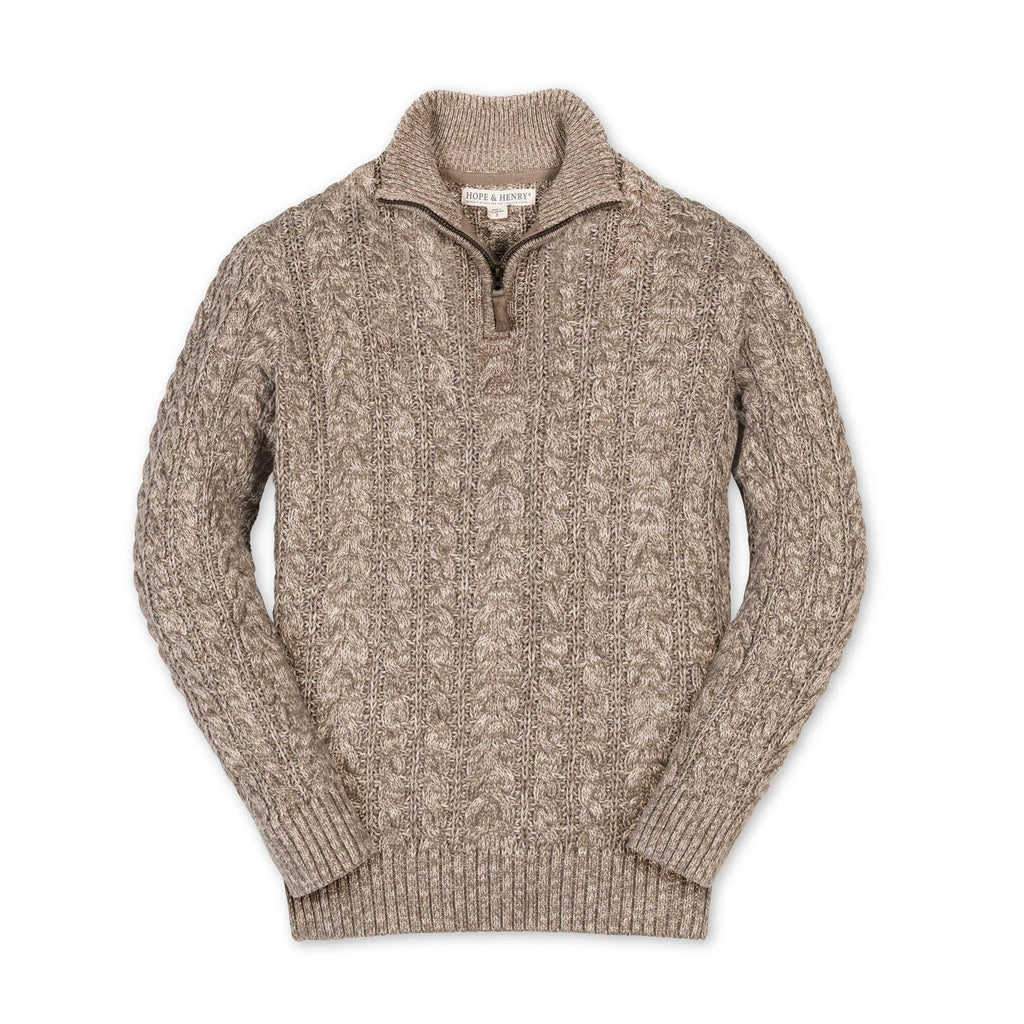 A taupe cable-knit quarter-zip sweater with a ribbed mock neck collar, shown flat on a white background.