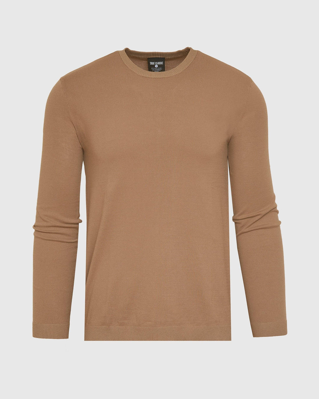 A long-sleeve crewneck knit sweater in a warm camel brown color, displayed on a light gray background.