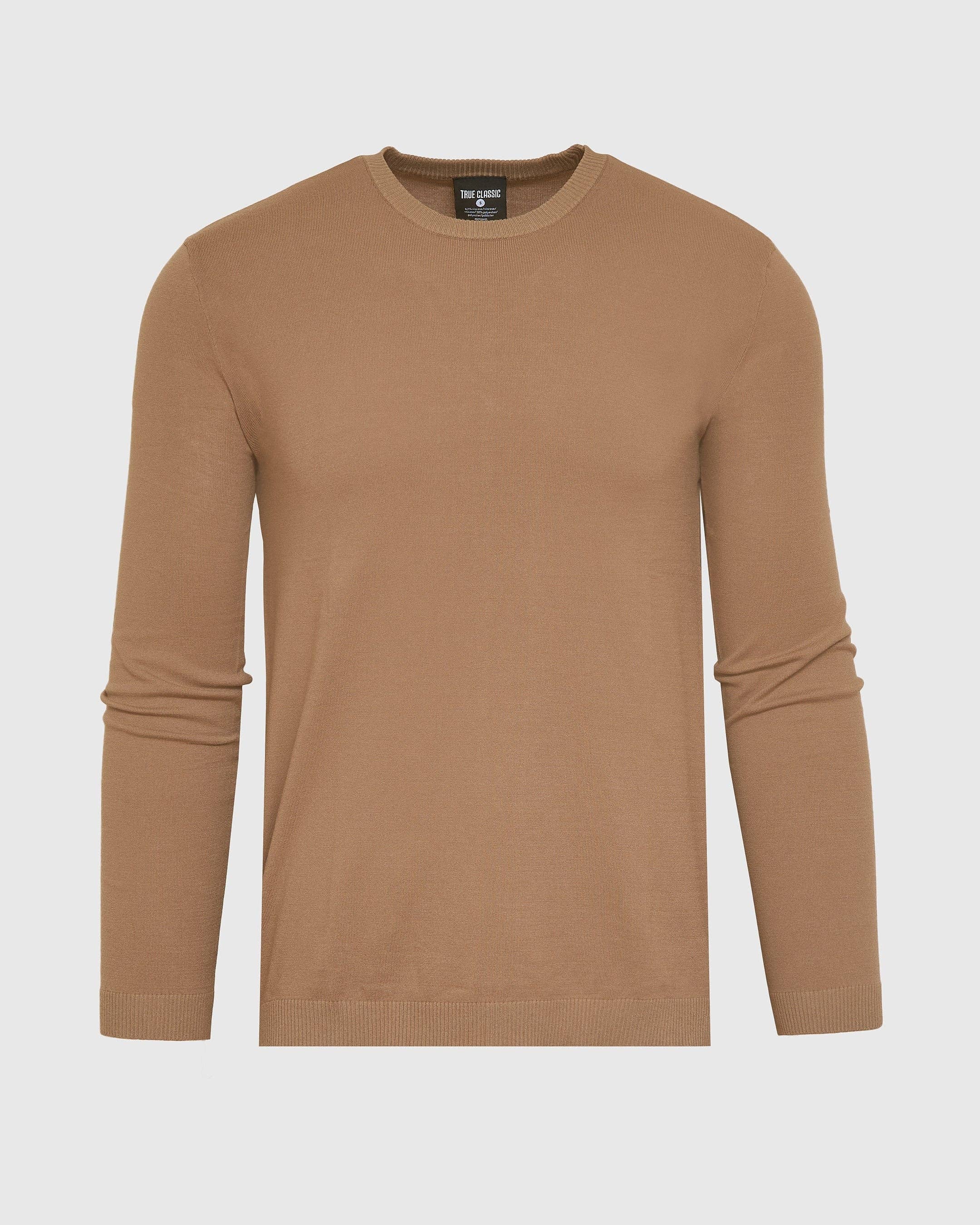 A long-sleeve crewneck knit sweater in a warm camel brown color, displayed on a light gray background.