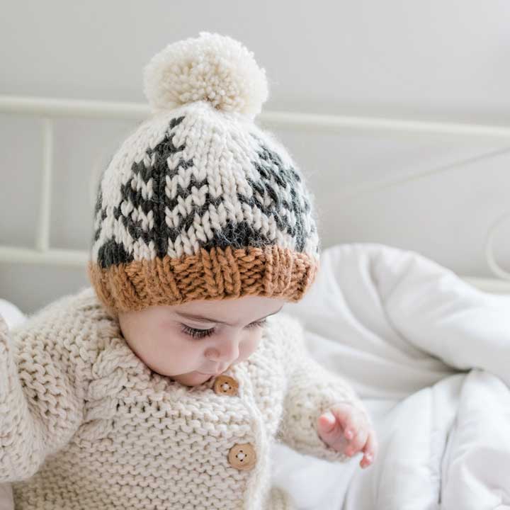 Baby wearing a knitted hat with a pom-pom and a matching cardigan, sitting on a white surface.