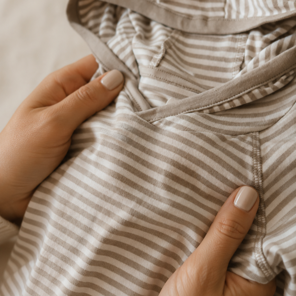 Close-up of a person's hands holding a baby bodysuit with beige and white horizontal stripes.