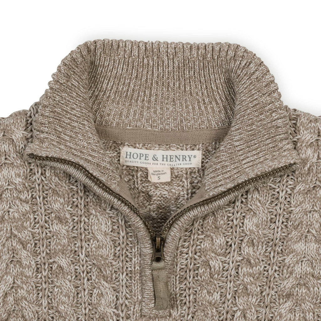 Close-up of a beige and taupe textured knit quarter-zip sweater with a ribbed mock neck collar. The brand label 'HOPE & HENRY' is visible inside the collar.