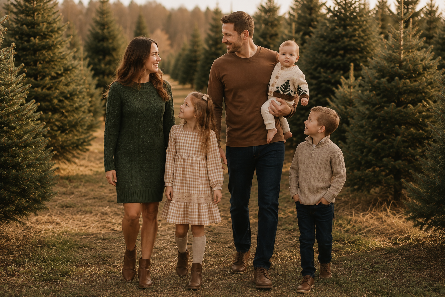 A family of five walking through a Christmas tree farm in warm golden hour light. The mother wears a dark green long-sleeve knit dress, the father wears a brown crewneck shirt and dark jeans while holding a baby, the middle daughter wears a beige and brown gingham dress, the son wears a beige knit sweater and dark jeans, and the baby wears a cream knit outfit.