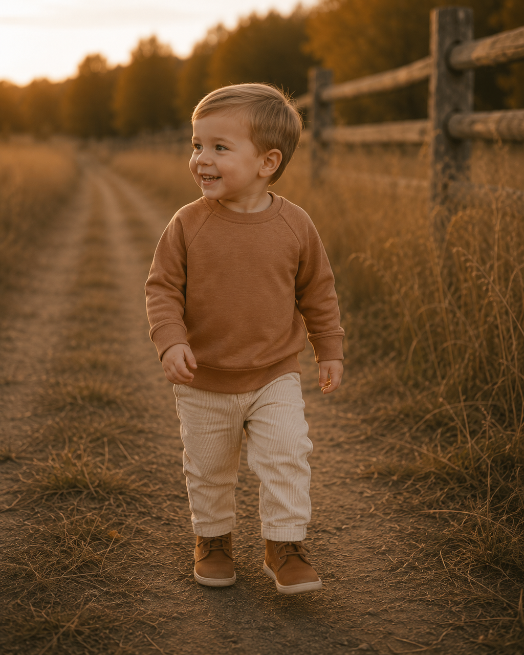 A toddler boy walking on a dirt path outdoors at sunset, wearing a rust-brown long-sleeve crewneck sweatshirt, cream pants, and brown shoes.
