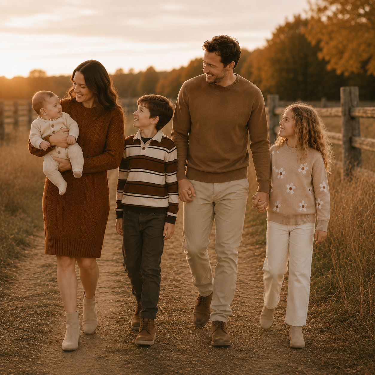A family of four walking hand-in-hand on a dirt path during golden hour. The mother wears a brown knit dress and holds a baby, the father wears a brown sweater and khaki pants, and the two children wear matching beige and brown outfits.