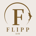 Logo of FLIPP & CO with a stylized 'F' and fish on a beige background