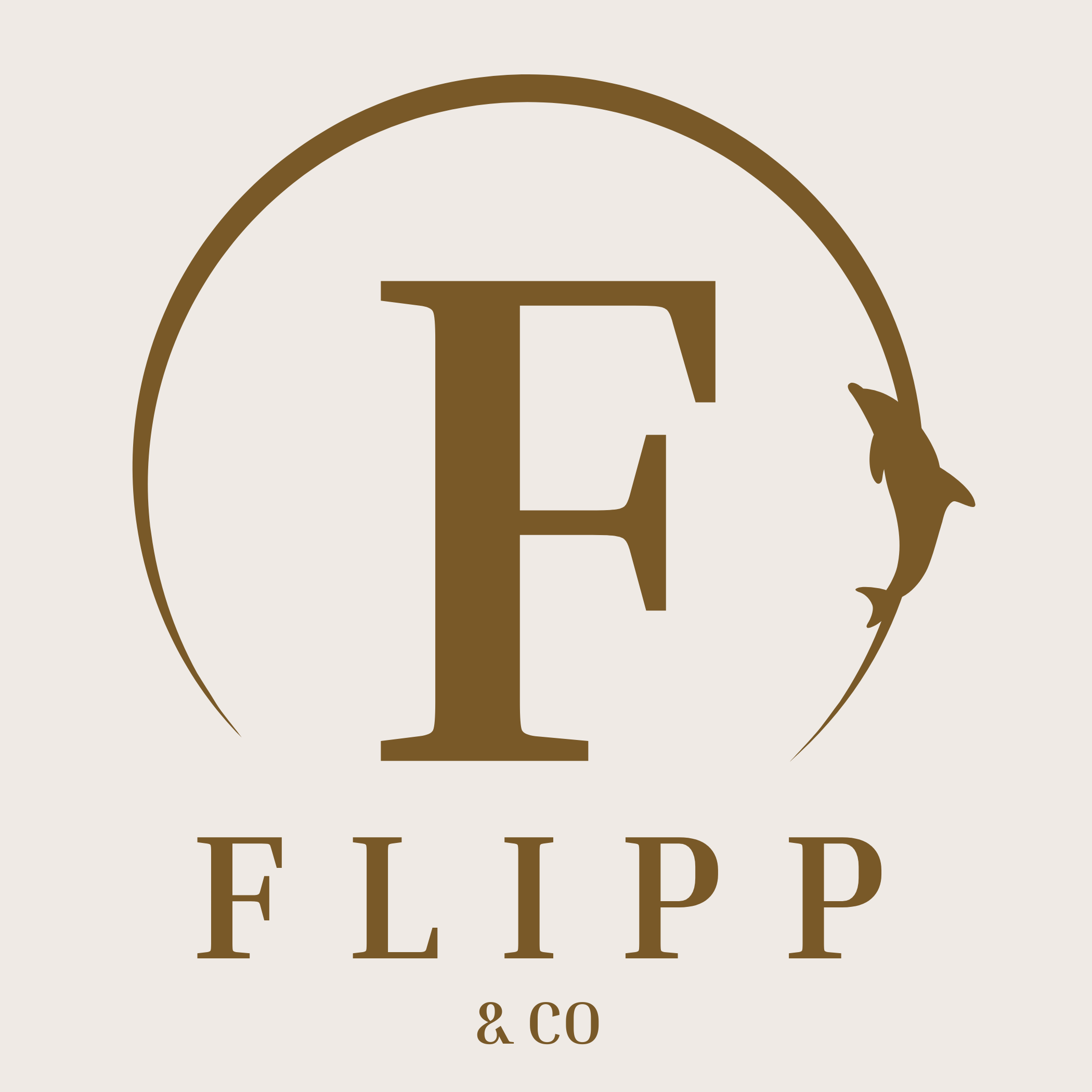 Logo of FLIPP & CO with a stylized 'F' and fish on a beige background