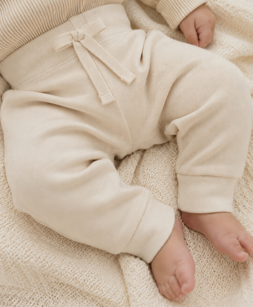 Close-up of a baby wearing cream-colored knit pants with a matching ribbed top, lying on a textured cream blanket.