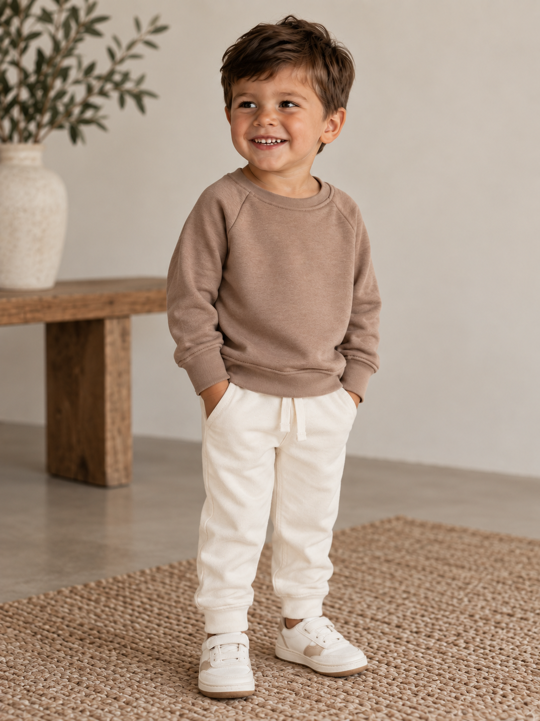 A young child wearing a taupe crewneck sweatshirt and cream jogger pants, standing on a woven rug in a minimalist indoor setting.