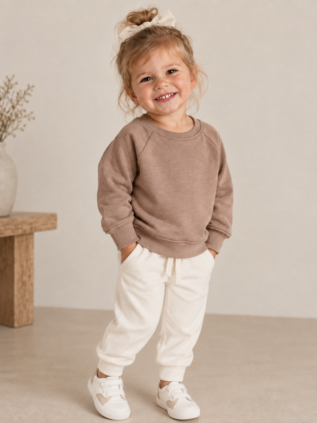 A young child wearing a taupe crewneck sweatshirt and cream jogger pants, standing in a neutral indoor setting.
