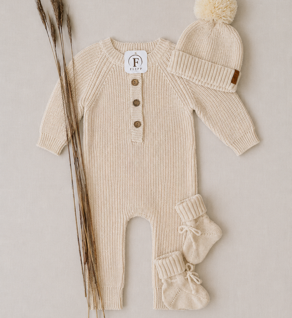 A cream-colored baby knit set including a long-sleeve romper with three buttons, a matching pom-pom beanie, and knit booties, arranged on a neutral background with dried grass stems.
