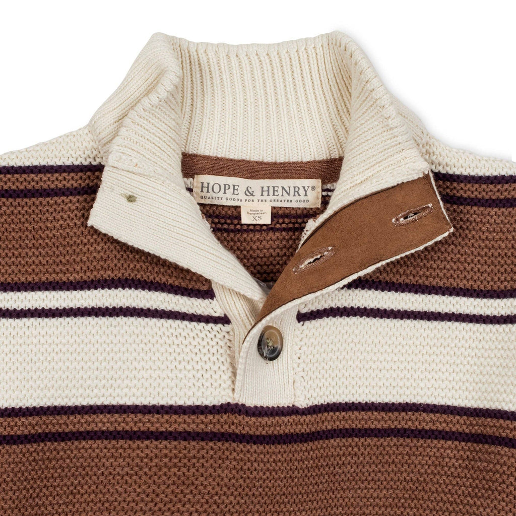 Close-up of a knit polo-style sweater collar with a brown leather-like tab detail and a visible HOPE & HENRY neck label.