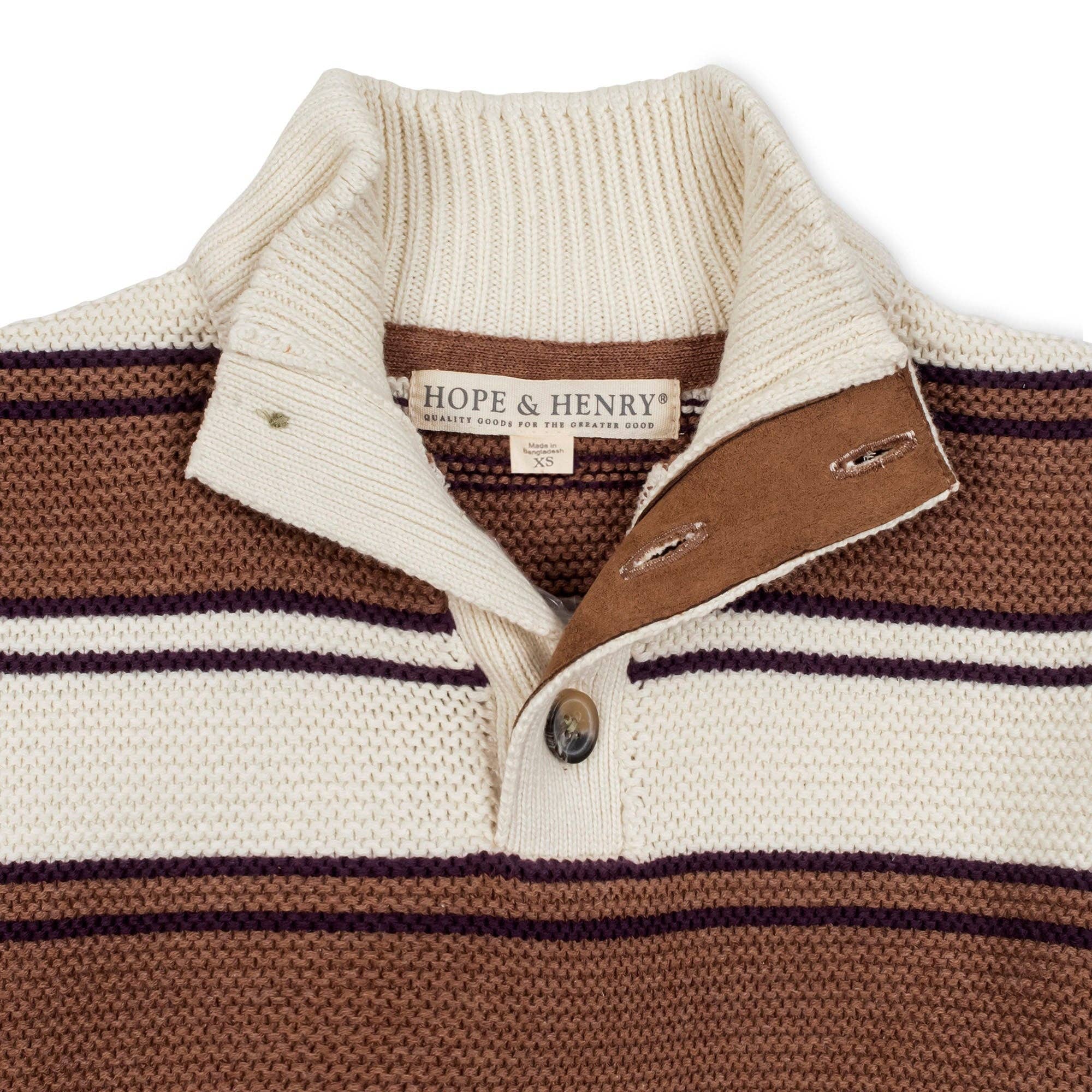 Close-up of a knit polo-style sweater collar with a brown leather-like tab detail and a visible HOPE & HENRY neck label.