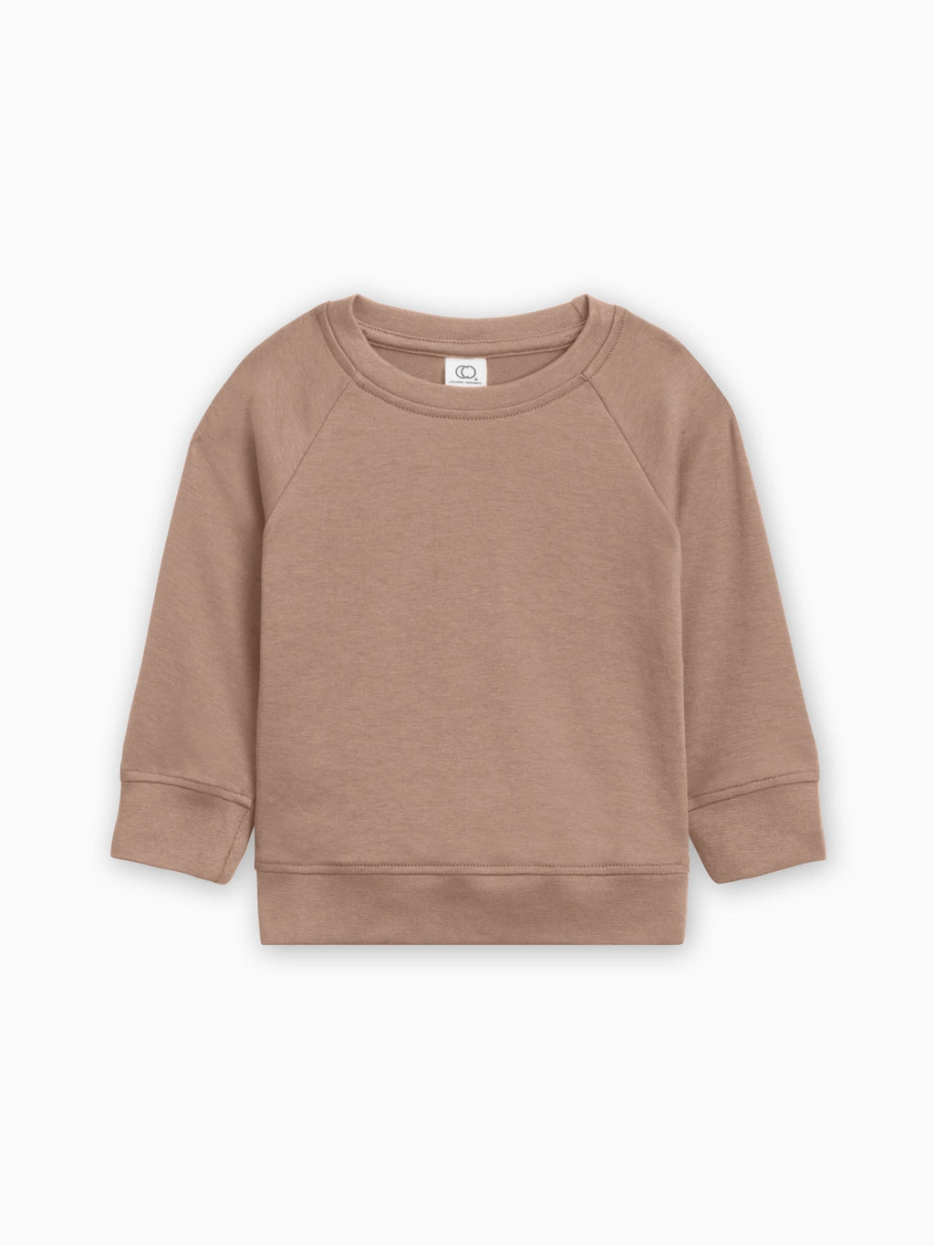 A toddler's long-sleeve crewneck sweatshirt in a solid taupe-brown color, displayed flat against a clean white background.