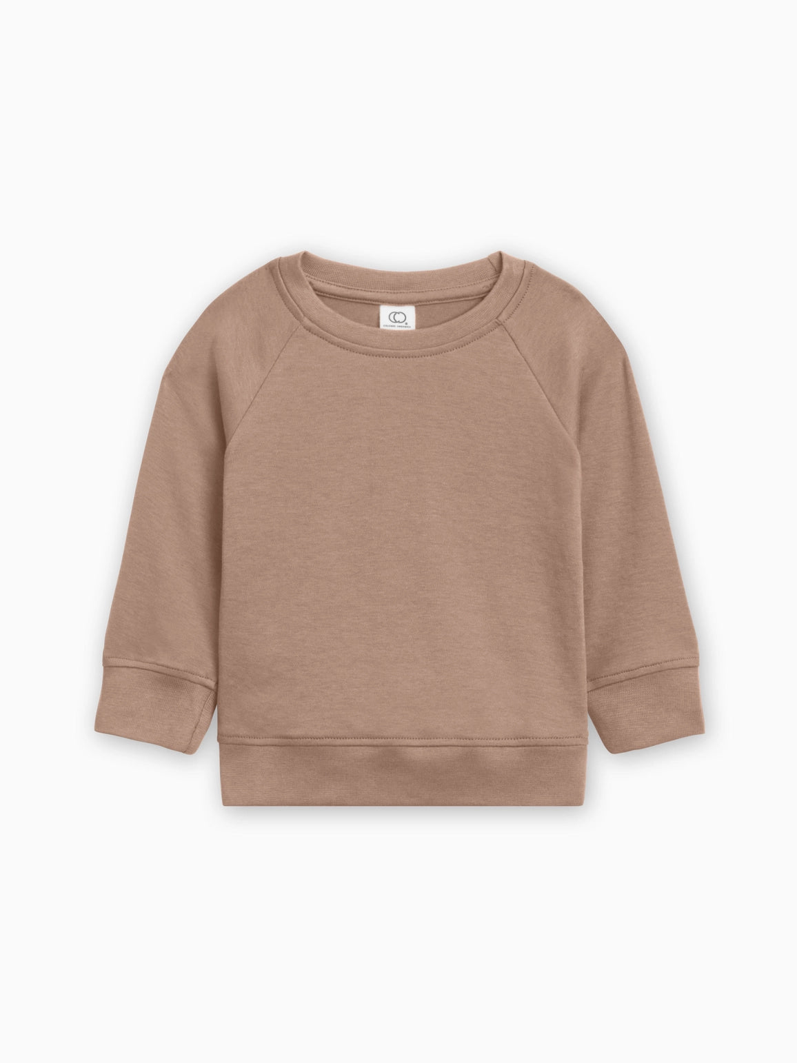 A toddler's long-sleeve crewneck sweatshirt in a solid taupe-brown color, displayed flat against a clean white background.