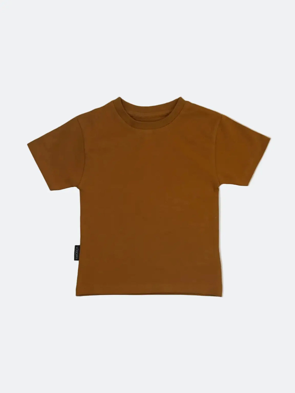 A short-sleeve crewneck t-shirt in a solid warm brown color, displayed flat against a light gray background.