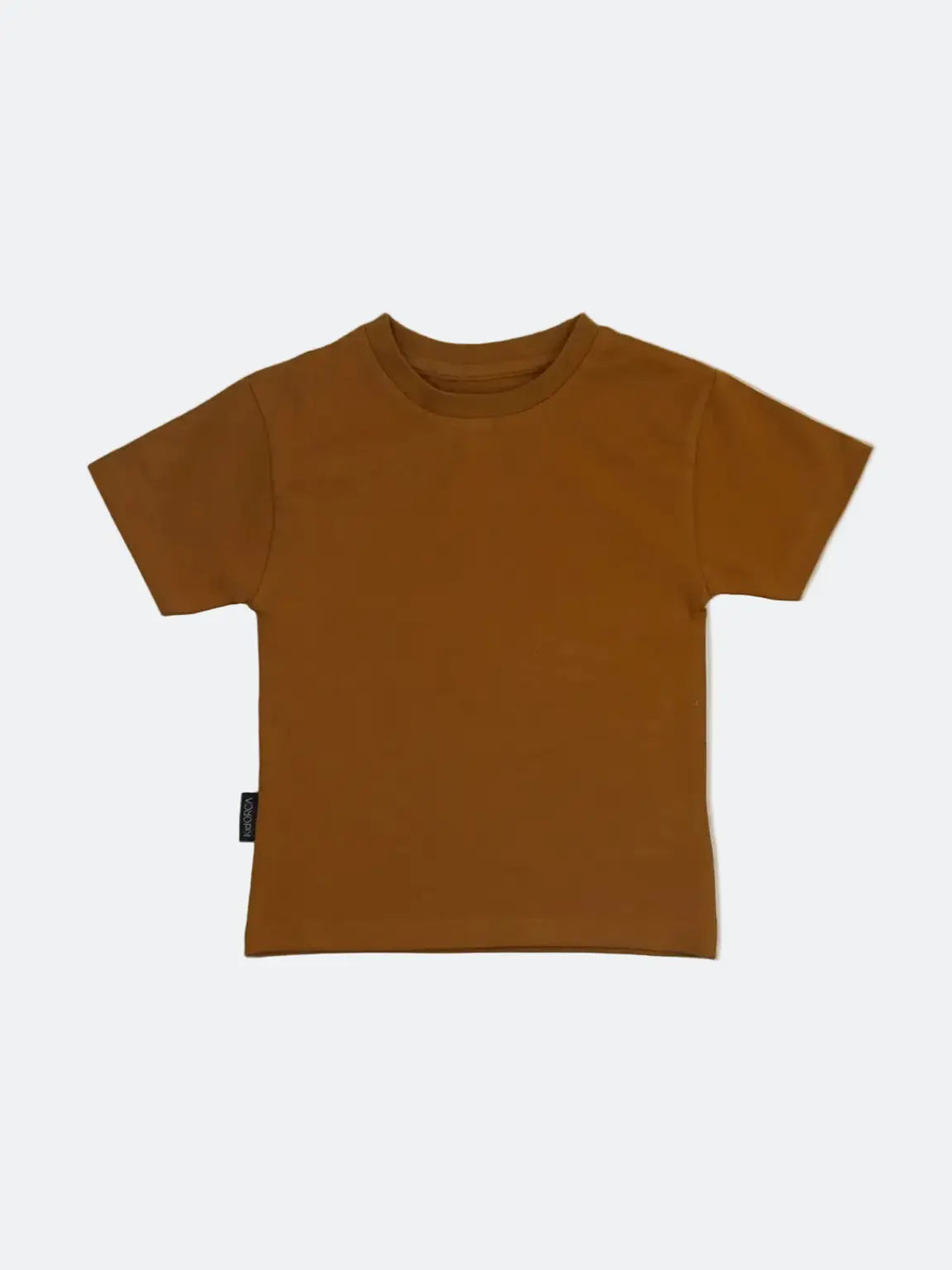 A short-sleeve crewneck t-shirt in a solid warm brown color, displayed flat against a light gray background.